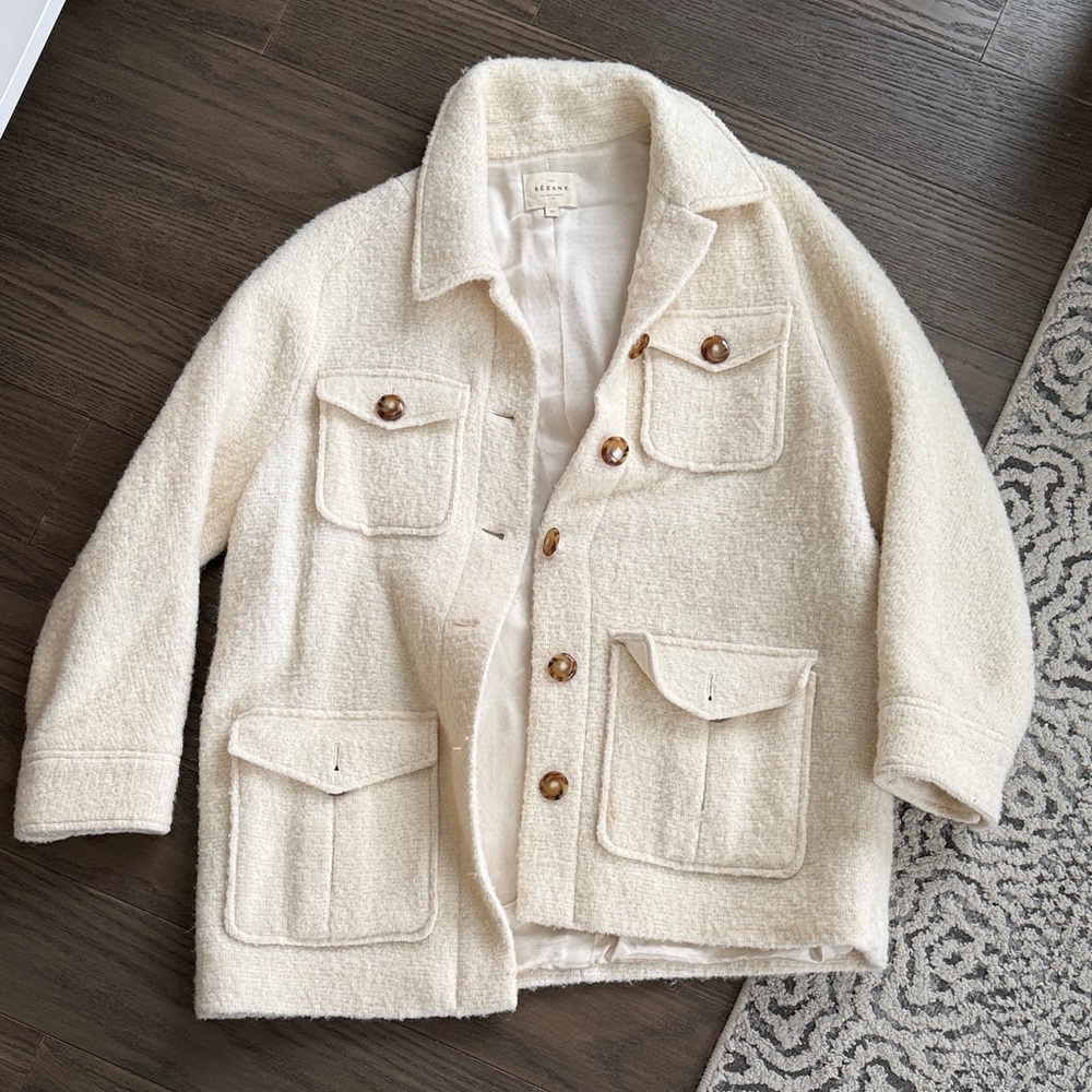 Sézane Cream Wool Blend Button-Up Jacket (Paulin Coat in Ecru)